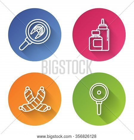 Set Line Fish Steak In Frying Pan, Sauce Bottle, Crossed Sausage And Frying Pan. Color Circle Button