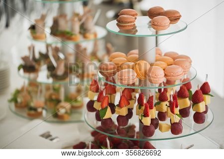 Delicacies, Appetizers, Wine, Desserts At The Banquet. Buffet, Catering Service. On-site Restaurant.