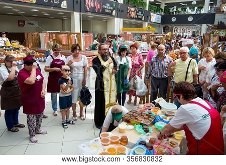 Voronezh, Russia - August 14, 2019: Honey Consecration Ceremony, Central Voronezh Market, Voronezh