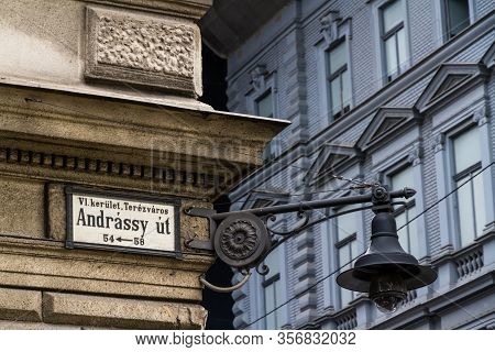 Old Street Sign Andrassy Avenue In Budapest, Hungary, Europe, Landscape.