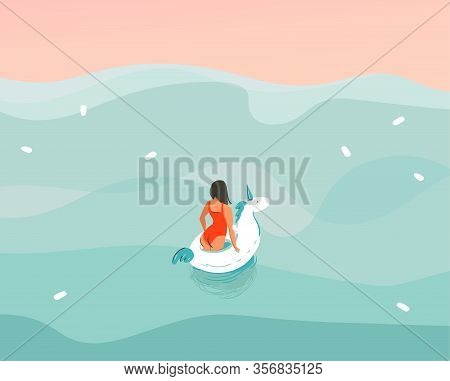 Hand Drawn Vector Stock Abstract Graphic Illustration With A Girl In A Swimsuit Swimming With A Unic