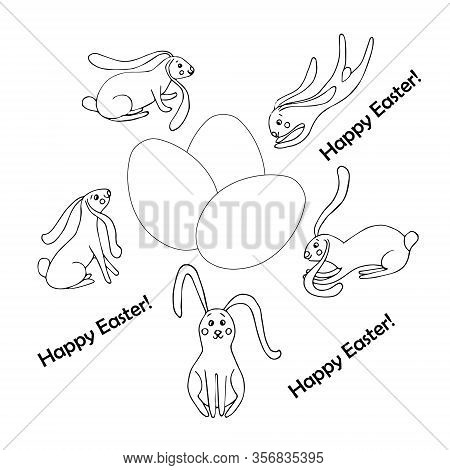 Happy Easter Banner Monochrome. Cute Cartoon Easter Bunny, Eggs Stock Vector Illustration For Web, F