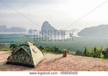 Tent Camping On The High Mountains With Blue Sky In Morning At Samet Nangshe, Phang Nga Province,tha