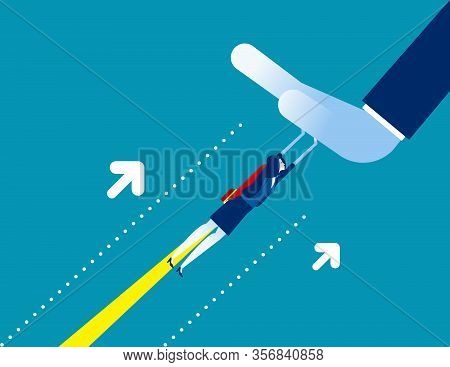 Businesswoman Challenge A Big Hand Hinders. Concept Business Fighting Vector Illustration, Flat Cart