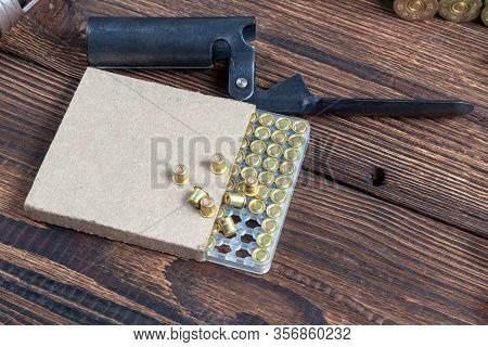 Reloading Process Shotgun Shells With Special Reload Equipment. Powder, Bullets, Fraction, Shells, B
