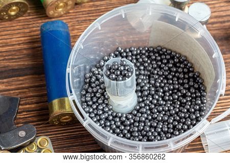 Reloading Process Shotgun Shells With Special Reload Equipment. Powder, Bullets, Fraction, Shells, B