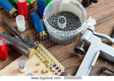 Shotgun Shells Reloading Process With Special Reload Equipment. Powder, Bullets, Fraction, Shells, B