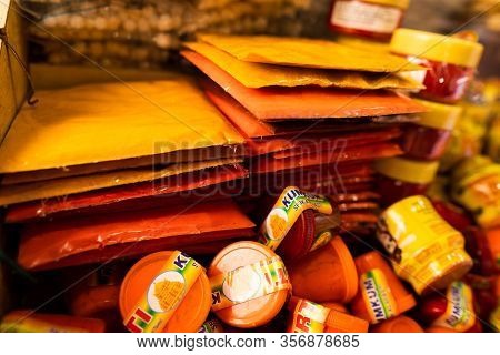 Bunch Pasupu,kumkuma Packets In A Street Shop At Tirumala