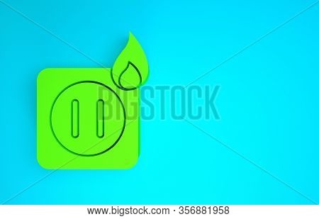 Green Electric Wiring Of Socket In Fire Icon Isolated On Blue Background. Electrical Safety Concept.