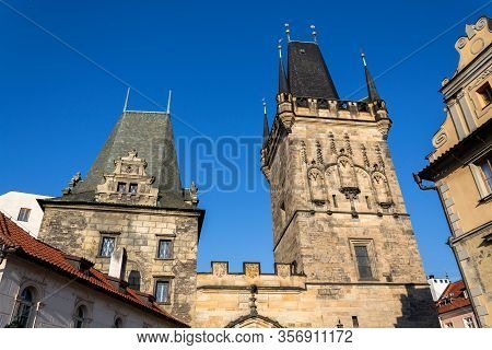 Lesser Town Bridge Tower On Charles Bridge In Prague, Czech Republic, Sunny Day