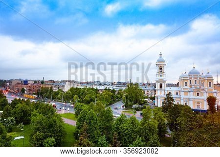 Vladimir Cathederal Or Knyaz Vladimirskiy Sobor And Uspenskiy Skver Park In Saint Petersburg, Russia