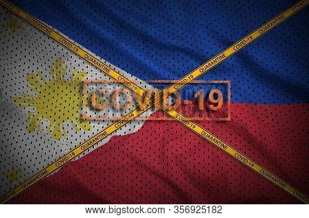 Philippines Flag And Covid-19 Stamp With Orange Quarantine Border Tape Cross. Coronavirus Or 2019-nc