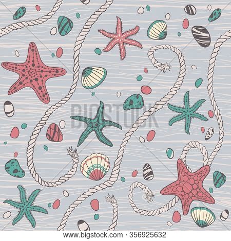 Hand Drawn Seastars, Rope, Seastones And Seashells On Wooden Background. Hand Whritten Summer Letter
