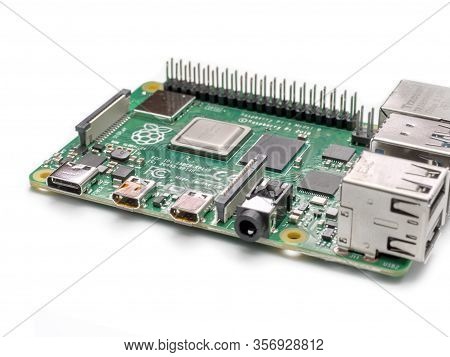 Galati, Romania - March 20, 2020: Close-up Of A Raspberry Pi 4 Model-b. The Raspberry Pi Is A Credit