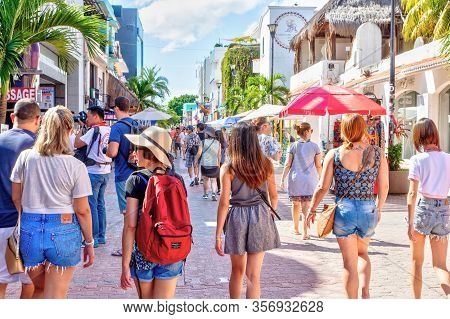 Famous Playa Del Carmen 5Th Avenue Tourist District At Mayan Riviera, Mexico