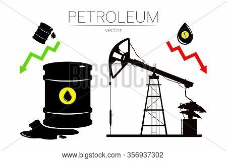 Vector Set Of 3 Sign Oil And Derrick Rig. Black Symbol Petroleum, Dollar Money, Solated On White Bac