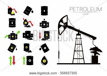 Vector Set Of 15 Sign Oil And Derrick Rig. Black Symbol Petroleum, Dollar Money, Solated On White Ba