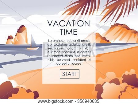 Cartoon Banner Advertising Start Vacation On Seacoast. Summer Time On Tropical Island In Warm Countr