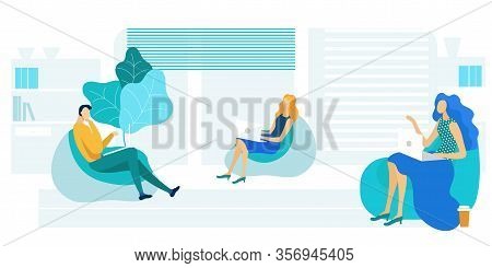 Colleagues In Beanbag Chairs Vector Illustration. Young Businessman And Businesswomen Cartoon Charac