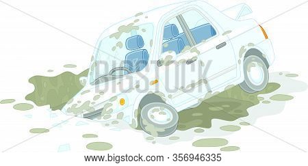 New White Car Had An Accident In A Giant Dirty And Deep Pothole On A Broken Road, Vector Cartoon Ill