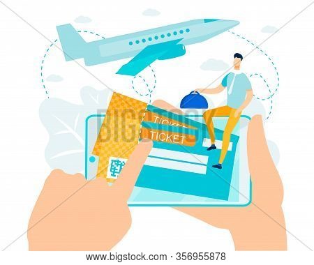 Online Booking And Payment For Air Ticket Metaphor. Cartoon Electronic Boarding Pass With Barcode. C