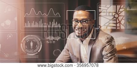 Perosnal Info Collection Concept. Face Scan Of African American Businessman, Double Exposure Of Offi