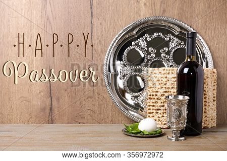 Symbolic Pesach (passover Seder) Items On Wooden Table