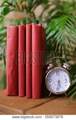 Scarlet Photo Albums Stnding Near Clock And Houseplant On Table.