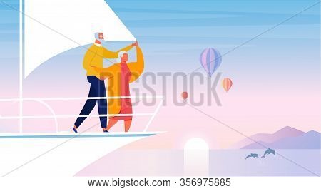 Happy Retirement, Sea Travel Vector Illustration. Elderly Tourists Couple Cartoon Characters. Happy 