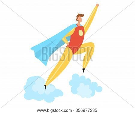 Super Hero Costume Flat Cartoon Vector Illustration Isolated On White, Superhero Male Character Jump