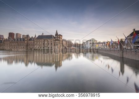 The Hague - February 17 2019: The Hague, The Neherlands. A Cozy Street With Cafes In The Center Of T