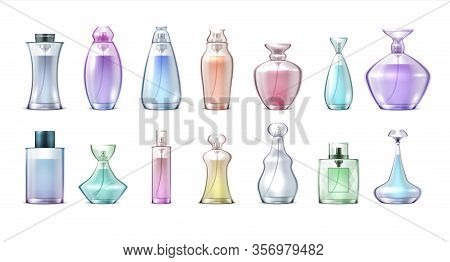 Fragrance Bottles. Realistic Clear Glass With Perfumes, Collection Of Elegant Cosmetic Makeup Vials.