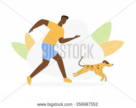 Young Dark Skinned Man Walking With Playful Dog, Character Jogging With Home Pet, Morning Running Ex
