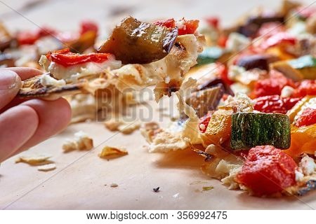 Tart Flambe Or Flammkuchen On Wooden Cutting Board, Traditional Alsatian Pie, Rustic Style