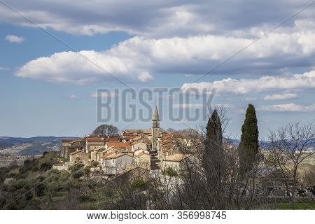 View Of Picturesque Village Draguc, On The Doorstep Of Spring,  Istria, Croatia