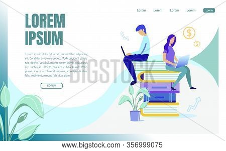 Advertising Poster Generation Ideas, Cartoon. Flat Banner Man And Woman Are Working On Laptop While 