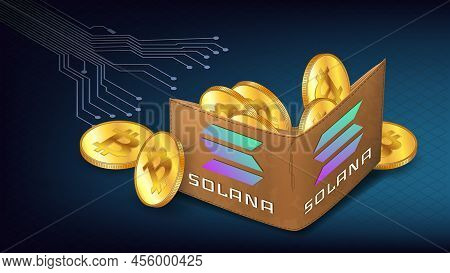 Wallet With Solana Blockchain Support Concept With Pcb Tracks. Isometric Wallet Full Of Bitcoin Btc 