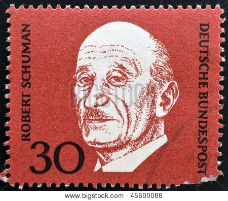 En stämpel som tryckt i Tyskland visar Robert Schuman