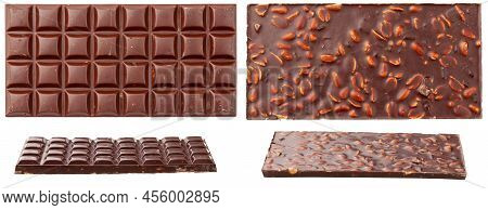 Milk Chocolate Bar With Nuts. Top And Bottom View Of Chocolate Bar, Isolated On White Background.