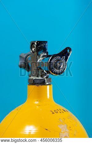 J Valve In The Reserve Position On A Vintage Yellow Steel Scuba Tank