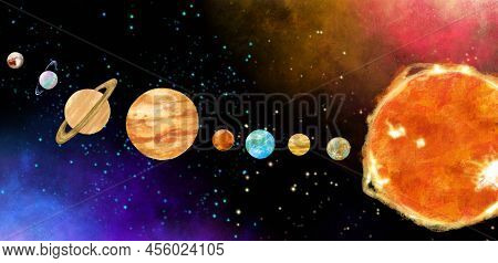 Space Universe Planet Floating In Starry Andomedra Solar System Hand Drawn Illustration
