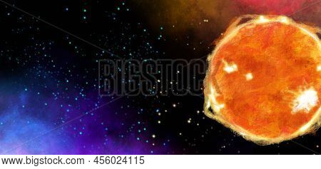 Space Universe Planet Floating In Starry Andomedra Solar System Hand Drawn Illustration
