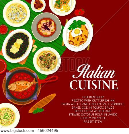 Italian Cuisine Restaurant Dishes Menu Cover. Rabbit Stew, Chicken Soup And Pasta With Clams, Beans 