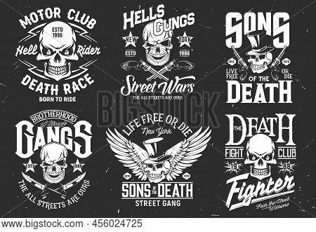 Tshirt Prints With Skulls Vector Mascots For Apparel Design. Motor Club, Street Gangs Brotherhood Is