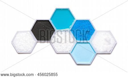 Chemical Ingredient In Hexagonal Molecular Shaped Container. Polyethylene, Carbon Charcoal Powder, S