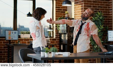 In Love Dead Walking Couple Getting Married Inside Company Workspace. Bizarre Looking Undead Evil Mo