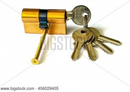 New Cylinder Lock Internal Mechanism Pin With Five Keys On White Background, Insulated