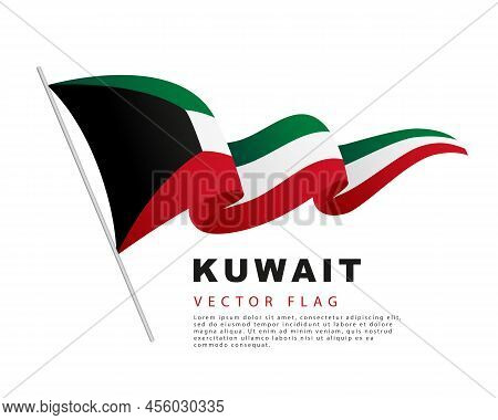 The Flag Of Kuwait Hangs On A Flagpole And Flutters In The Wind. Vector Illustration Isolated On Whi