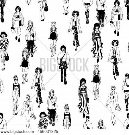 Seamless Pattern. Women In Trendy Clothes. Defile Sketch.