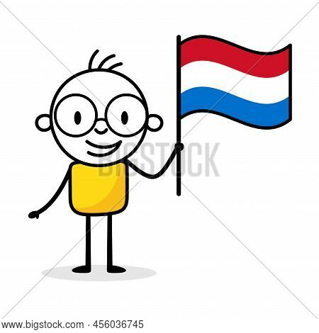 Man Holding Flag Of Luxembourg Isolated On White Background. Hand Drawn Doodle Line Art Man. Concept